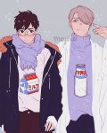  2boys artist_name black_eyes black_hair black_pants blush bottle brown_pants carton cowboy_shot fur_trim glasses grey_background grey_eyes grey_hair hair_over_one_eye highres jacket katsuki_yuuri long_sleeves male_focus meyoco milk milk_bottle milk_carton multiple_boys open_clothes open_jacket pants print_shirt print_sweater purple_scarf scarf shirt shirt_tucked_in short_hair simple_background smile sweater turtleneck turtleneck_sweater viktor_nikiforov yuri!!!_on_ice 