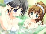  bath black_hair breasts brown_hair game_cg green_eyes koimomo large_breasts multiple_girls nipples nude onsen purple_eyes sakimine_momoka small_breasts tokisaka_hazuki towel water yamino_kenji 