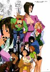  1boy 6+girls absurdres angry backpack bag baseball_cap belt bent_over bicycle black_hair blonde_hair bouquet braid breasts brown_hair carrying chie_(golden_boy) cleavage coat dog_tags everyone eyeshadow fanny_pack flower golden_boy ground_vehicle hairband hand_on_hip hat hayamizu_ayuko highres huge_filesize jewelry kanzaki_yuka katsuda_naoko kawamoto_toshihiro large_breasts lipstick long_hair madame_president makeup miniskirt multiple_girls necklace no_bra noriko_(golden_boy) ooe_kintarou open_clothes open_mouth open_shirt orange_hair paintbrush ponytail scan scarf shirt shoes short_hair skirt smile sneakers suspenders sweat sweater terayama_reiko twin_braids wavy_hair 