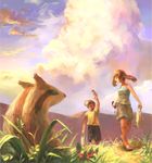  1girl alternate_costume bad_id bad_pixiv_id bag casual cloud food gen_3_pokemon grass haruka_(pokemon) hat linoone looking_back nature no_bandana no_headwear pokemon pokemon_(creature) pokemon_(game) pokemon_rse sandals scenery sky yuuki_(pokemon) yuza 