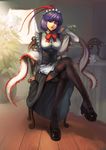  alternate_costume blue_hair blush bow charimei crossed_legs dress enmaided frills hat klamp legs lips maid nagae_iku one_eye_closed purple_hair red_eyes ribbon shawl shoes short_hair sitting solo thighhighs touhou waitress 