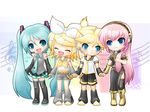  3girls :d aqua_eyes aqua_hair blue_eyes blush boots chibi fang hair_ribbon happy hatsune_miku headphones holding_hands kagamine_len kagamine_rin kayano_celica leg_warmers long_hair megurine_luka microphone multiple_girls necktie open_mouth pink_hair ribbon short_hair skirt smile standing thighhighs twintails very_long_hair vocaloid 