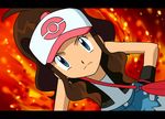  angry artist_request baseball_cap blue_eyes brown_hair face fire flame hands_on_hips hat leaning_forward pokemon pokemon_(game) pokemon_bw solo touko_(pokemon) 