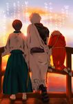  2boys bridge capri_pants gintama hadanugi_dousa japanese_clothes kagura_(gintama) kimono kin'usagi long_sleeves multiple_boys pants sakata_gintoki shimura_shinpachi short_sleeves standing sunset translated 