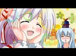  bad_id bad_pixiv_id blood blue_hair blush fujiwara_no_mokou happy hat kamishirasawa_keine letterboxed long_hair multiple_girls norainu_(takeru) nosebleed silver_hair smile touhou 