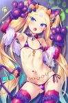  1girl abigail_williams_(fate/grand_order) alternate_hairstyle animal_ear_fluff animal_ears arm_up bangs bare_shoulders bell bikini black_bow blonde_hair blue_eyes blush bow breasts collar collarbone crossed_bandaids detached_sleeves eyebrows_visible_through_hair fangs fate/grand_order fate_(series) gloves groin hair_bell hair_bow hair_ornament hair_ribbon head_tilt heart_collar highres jingle_bell key keyhole long_hair long_sleeves micro_bikini navel open_mouth orange_bow parted_bangs paw_gloves paws polka_dot polka_dot_bow purple_bikini purple_legwear purple_sleeves red_collar red_ribbon ribbon side-tie_bikini sidelocks small_breasts solo swimsuit tail tail_raised thighhighs toraishi_666 twintails very_long_hair 