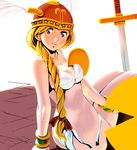  bikini braid hair_over_shoulder helmet long_hair looking_back masao namco pac-man pac-man_(game) side-tie_bikini sitting sweat swimsuit sword untied untied_bikini valkyrie valkyrie_(vnd) valkyrie_no_densetsu weapon winged_helmet wristband 