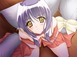  1girl amber_eyes animal_ears blue_hair blush bow carnelian cat_ears game_cg long_hair nekomata nekomimi purple_hair solo yellow_eyes 