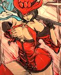  breast_squeeze breasts cleavage covering curvy fingerless_gloves gloves guilty_gear guitar hat highres i-no instrument large_breasts mole mole_above_mouth moto_murabito mouth_hold red_hat solo 