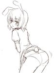  animal_ears ass blush bunny_ears bunny_tail dress dress_lift greyscale inaba_tewi ket-c monochrome panties short_hair smile solo tail touhou underwear 