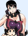  1girl :o black_hair blue_eyes blush breast_press breast_rest breasts breasts_on_head cattleya choker cleavage glasses gloves hairband huge_breasts jinroku lipstick long_hair makeup mature mother_and_son no_bra open_mouth ponytail queen's_blade rana short_hair sideboob simple_background 