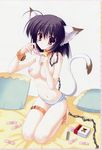  1girl animal_ears bandaid barefoot bell blush bound_ankles breasts cat_ears cat_tail catgirl chains collar feet female hi_res highres leash looking_at_viewer nanao_naru nekomimi panties pillow plain_background short_hair solo spread_toes tail toes underwear white_background 