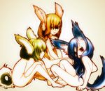  animal_ears bad_id bad_pixiv_id barefoot blue_hair brown_hair copyright_request feral_lemma green_hair highres multiple_girls nude sitting tail 