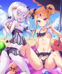  2girls abigail_williams_(fate/grand_order) bags_under_eyes bangs beach beach_umbrella bikini black_bow blonde_hair bow breasts cloud collarbone day double_bun emerald_float fang fate/grand_order fate_(series) hair_bow horn keyhole kneeling knees_up lavinia_whateley_(fate/grand_order) licking_lips long_hair looking_at_viewer looking_back multiple_girls navel nipples ocean one_breast_out open_mouth outdoors parted_bangs partially_visible_vulva purple_eyes red_eyes sanpaku see-through see-through_silhouette silver_hair sitting sky small_breasts star star_print stuffed_animal stuffed_toy swimsuit teddy_bear tongue tongue_out toraishi_666 umbrella wavy_mouth wide-eyed 