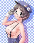  adjusting_eyewear black_eyes blush breasts copyright_request glasses gloves hat kei_jiei large_breasts naked_suspenders revealing_clothes short_hair silver_hair solo suspenders topless 