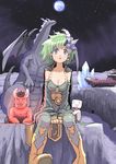  1girl artist_request bahamut_(final_fantasy) blue_eyes breasts cape cleavage crystal demon detached_sleeves dragon earth final_fantasy final_fantasy_iv green_hair ifrit large_breasts monster rydia space_craft thighhighs whyt 