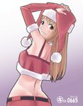  :3 ayase_asagi back brown_eyes brown_hair christmas elbow_gloves gloves hat jester_cap kei_jiei long_hair looking_back no_bra red_gloves santa_costume santa_hat see-through smile solo yotsubato! 