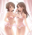  2girls :&lt; ahoge asano_fuuka blush bra breasts brown_eyes brown_hair cleavage commentary_request cowboy_shot curtains drawn_wings english_text engrish_text freckles frilled_panties frills hand_up hat0mg idolmaster idolmaster_cinderella_girls lace lace-trimmed_bra lingerie long_hair looking_at_viewer medium_breasts multiple_girls navel okuyama_saori own_hands_together panties pink_background pink_bra pink_panties ranguage short_hair standing underwear underwear_only 