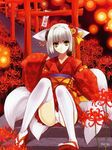  amber_eyes animal_ears flower fox_ears fox_tail foxgirl highres japanese_clothes kimono kitsunemimi kyubimimi panties short_hair silver_hair skirt tabi tail thighhighs underwear white_hair yellow_eyes 