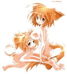  animal_ears bad_feet barefoot cat_ears cat_tail mother_and_daughter multiple_girls nude orange_hair original tail yellow_eyes yuumin 
