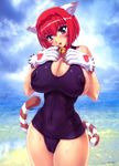  animal_ears bell blue_eyes blush bow breasts hair_bow heart huge_breasts large_breasts nipples open_mouth red_hair sweat swimsuit tail 