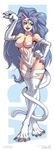  1girl :d animal_ears arm_up bangs big_hair blue_eyes blue_hair breasts capcom cat_ears cat_tail character_name curvy darkstalkers fang felicia fur game kevin_lau large_breasts legs_crossed long_hair long_image nekomimi open_mouth paws pose smile solo standing stick_poster tail tall_image udon_entertainment vampire_(game) vampire_savior very_long_hair wavy_hair wide_hips 