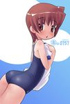  :o arched_back ass back blush brown_eyes brown_hair eyebrows_visible_through_hair gym_shirt holding_shirt kei_jiei looking_at_viewer looking_back one-piece_swimsuit original school_swimsuit shirt short_hair solo swimsuit 