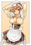  apron arms_behind_head arms_up breasts bursting_breasts buttons cleavage cowboy_shot frame hat large_breasts long_sleeves looking_at_viewer maid mob_cap open_mouth original shiruko solo waist_apron 