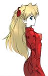 ass bangs blonde_hair blue_eyes blush bodysuit bracer breasts closed_mouth covered_nipples cowboy_shot from_side gloves hair_between_eyes headgear kikumaru_bunta long_hair looking_away neon_genesis_evangelion perky_breasts pilot_suit plugsuit profile red_bodysuit simple_background sketch skin_tight skinny small_breasts solo souryuu_asuka_langley standing straight_hair turtleneck two_side_up white_background 