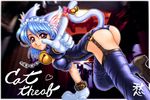  animal_ears bell blue_hair bow cat_ears cat_tail catgirl chains clothed clothing female garter_belt gloves maid nekomimi pink_eyes purple_eyes ribbon short_hair skimpy solo tail thighhighs uniform 