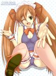  breasts cameltoe code_geass covered_nipples garters green_eyes high_heels kannagi_kaname long_hair medium_breasts one-piece_swimsuit one_eye_closed orange_hair school_swimsuit shirley_fenette shoes solo swimsuit thighhighs twintails 
