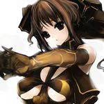  :o breasts brown_eyes brown_hair elbow_gloves gloves hands_clasped large_breasts long_hair original own_hands_together pupps solo stretch underboob upper_body 