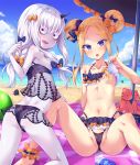  2girls abigail_williams_(fate/grand_order) bags_under_eyes bangs beach beach_umbrella bikini black_bow blonde_hair blue_eyes bow breasts cloud collarbone convenient_censoring day double_bun emerald_float fang fate/grand_order fate_(series) hair_bow hair_over_breasts horn kneeling knees_up lavinia_whateley_(fate/grand_order) long_hair looking_at_viewer looking_back multiple_girls navel ocean one_breast_out open_mouth outdoors parted_bangs partially_visible_vulva purple_eyes sanpaku see-through see-through_silhouette silver_hair sitting sky small_breasts star star_print stuffed_animal stuffed_toy swimsuit teddy_bear toraishi_666 umbrella wavy_mouth wide-eyed 