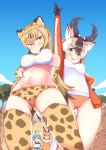  1other 3girls :&lt; absurdres afterimage angry animal_ears animal_print arm_behind_back arm_up ass_visible_through_thighs bangs bare_shoulders black_hair blonde_hair blood blue_eyes blue_sky blue_vest bow bowtie breasts brown_eyes brown_hair buruma cameltoe caracal_(kemono_friends) caracal_ears caracal_tail cheek_pinching cheek_pull cheetah_(kemono_friends) cheetah_ears cheetah_print cheetah_tail closed_mouth covered_nipples cowboy_shot day drawing elbow_gloves extra_ears eyebrows_visible_through_hair fisheye frown gloves green_eyes green_hair hair_between_eyes hand_on_hip hand_up hat hat_feather high-waist_skirt highres holding holding_pencil horns jacket kemono_friends kyururu_(kemono_friends) light_brown_hair long_hair long_sleeves looking_at_another looking_at_viewer medium_breasts multicolored_hair multiple_girls navel nosebleed notebook open_clothes open_jacket open_mouth outdoors outstretched_arm pencil pinching pointing pointing_up print_gloves print_legwear pronghorn_(kemono_friends) savannah shaded_face shima_noji_(dash_plus) shirt short_hair sidelocks skirt sky sleeveless sleeveless_shirt smile sports_bra standing stomach tail textless thighhighs track_jacket tsurime v-shaped_eyebrows very_long_hair vest white_hair 
