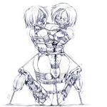  ball_gag bdsm blindfold bondage bound bound_arms bound_together chain copyright_request gag gagged greyscale leather linked_collar monochrome monoglove multiple_girls pizza_man yuri 