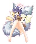  absurdres animal animal_ears barefoot bell blue_hair blush bow bunny covering covering_crotch crossed_arms feet fox fox_ears highres iori_(tail_tale) jingle_bell koma_(tail_tale) long_hair louis&amp;visee min_(tail_tale) multiple_tails nude object_on_head raccoon sitting solo soro_(tail_tale) tail tail_tale yellow_eyes 