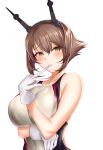  1girl alternate_costume blush breasts brown_eyes brown_hair closed_mouth competition_swimsuit crimecrime eyebrows_visible_through_hair gloves hair_between_eyes headgear highres kantai_collection large_breasts mutsu_(kantai_collection) one-piece_swimsuit short_hair simple_background swimsuit white_background white_gloves 