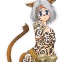  animal_ears blue_eyes breasts cat_ears feline female final_fantasy final_fantasy_xi hair headband mammal mithra nekomimi plain_background solo tattoo tribal video_games white_background white_hair 