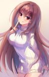  :p blush breasts commentary_request eyebrows_visible_through_hair fate/grand_order fate_(series) finger_to_mouth gradient gradient_background hair_intakes large_breasts long_hair long_sleeves looking_at_viewer naked_sweater ohitashi_netsurou purple_hair red_eyes ribbed_sweater scathach_(fate)_(all) scathach_(fate/grand_order) sweater tongue tongue_out turtleneck turtleneck_sweater 