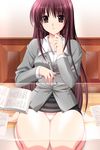  business_suit choco_chip formal glass_table highres jacket kateikyoushi_no_onee-san legs miniskirt onodera_rio panties pantyshot pen pencil_skirt pink_panties red_eyes red_hair sitting skirt skirt_suit smile solo suit table thigh_gap thighs underwear upskirt 