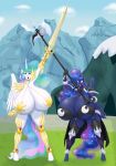  2019 absurd_res blues64 camel_toe cloud coralleaf cutie_mark duo equine female friendship_is_magic hair hi_res holding_object holding_weapon horn long_hair mammal marauder6272 melee_weapon mountain multicolored_hair my_little_pony open_mouth outside princess_celestia_(mlp) princess_luna_(mlp) sibling sisters sword weapon winged_unicorn wings 