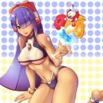  1girl android bangs bikini black_bikini_bottom bracelet breasts capcom cocktail commentary_request cup dark_skin drinking_glass drinking_straw glass green_eyes hair_over_one_eye headgear highres holding holding_cup imo_konn_nyaku jewelry large_breasts layer leaning_forward long_hair mole open_mouth polka_dot polka_dot_background purple_hair robot_ears robot_joints rockman rockman_x smile solo swimsuit underboob wine_glass zero_(rockman) 