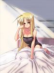 barefoot bed bed_sheet blonde_hair blush breasts chemise cleavage coffee_cat fate_testarossa large_breasts long_hair lyrical_nanoha mahou_shoujo_lyrical_nanoha_strikers nipples red_eyes see-through sleepy solo strap_slip very_long_hair 