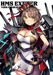  18bit 1girl absurdres asymmetrical_legwear azur_lane bangs black_legwear blush breasts brown_hair cannon character_name cleavage collarbone dress epaulettes exeter_(azur_lane) gloves green_eyes hair_between_eyes hat highres large_breasts long_hair looking_at_viewer machinery magic pantyhose red_dress remodel_(azur_lane) rigging simple_background sleeveless sleeveless_dress smile solo thighhighs torpedo torpedo_tubes turret white_background white_legwear 