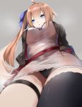  1girl :o ahoge asymmetrical_legwear bangs black_legwear black_panties blonde_hair blue_bow blue_eyes blush bow breasts brown_hair commentary commentary_request cross dress eyebrows_visible_through_hair fal_(girls_frontline) from_below girls_frontline grey_background hair_between_eyes jacket katuo1129 lace large_breasts long_hair looking_at_viewer open_clothes open_jacket open_mouth panties pantyshot ribbon side_ponytail sidelocks simple_background single_thighhigh solo thighhighs underwear upskirt very_long_hair 