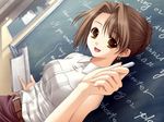  1girl belt board brown_eyes brown_hair chalk chalkboard character_request classroom copyright_request dutch_angle earrings english game_cg hair_bun indoors jewelry looking_at_viewer open_mouth shirt short_hair sleeveless smile solo source_request teacher textbook 
