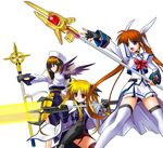  bardiche black_wings blonde_hair blue_eyes book bow brown_hair cape coat energy_sword fate_testarossa fingerless_gloves gauntlets gloves hair_ornament hair_ribbon hat jacket kitamiya_genbu long_hair lyrical_nanoha magazine_(weapon) magical_girl mahou_shoujo_lyrical_nanoha_strikers multiple_girls purple_eyes raising_heart red_bow red_eyes red_hair ribbon schwertkreuz short_hair single_gauntlet single_glove skirt sword takamachi_nanoha thighhighs tome_of_the_night_sky twintails waist_cape weapon wings x_hair_ornament yagami_hayate zettai_ryouiki 