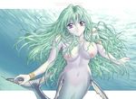  1girl armlet blue_eyes bracelet breasts fins green_hair jewelry lipstick long_hair makeup mermaid monster_girl nail_polish navel necklace nipples nude outstretched_arms pale_skin scales smile solo spread_arms tail water yumenosuke 
