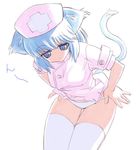  :o animal_ears bent_over blue_eyes blue_hair cat_ears cat_tail hands hat inu no_nose nurse nurse_cap open_mouth original panties panty_pull short_hair simple_background solo tail thigh_gap thighhighs underwear undressing white_legwear white_panties 