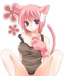  1girl animal_ears bare_shoulders blush bottomless breasts camisole cat_ears cat_tail catgirl censored dress gloves kubyou_azami no_panties original out-of-frame_censoring paw_gloves pink_hair purple_eyes shirt short_hair solo strap_slip tail taut_clothes taut_shirt 